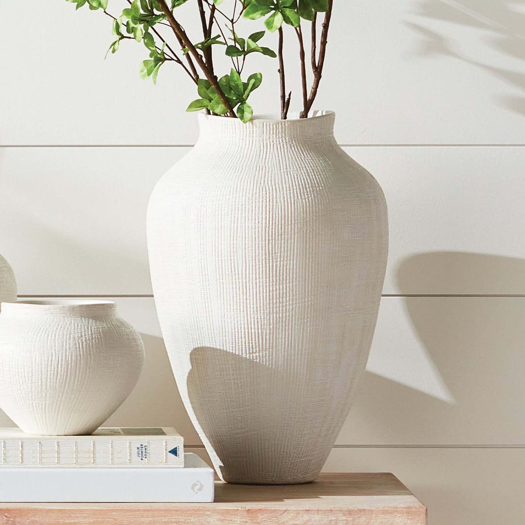 Textured White Ceramic Vase by Barclay Butera, featuring cross-hatched design, perfect for modern minimalistic decor.