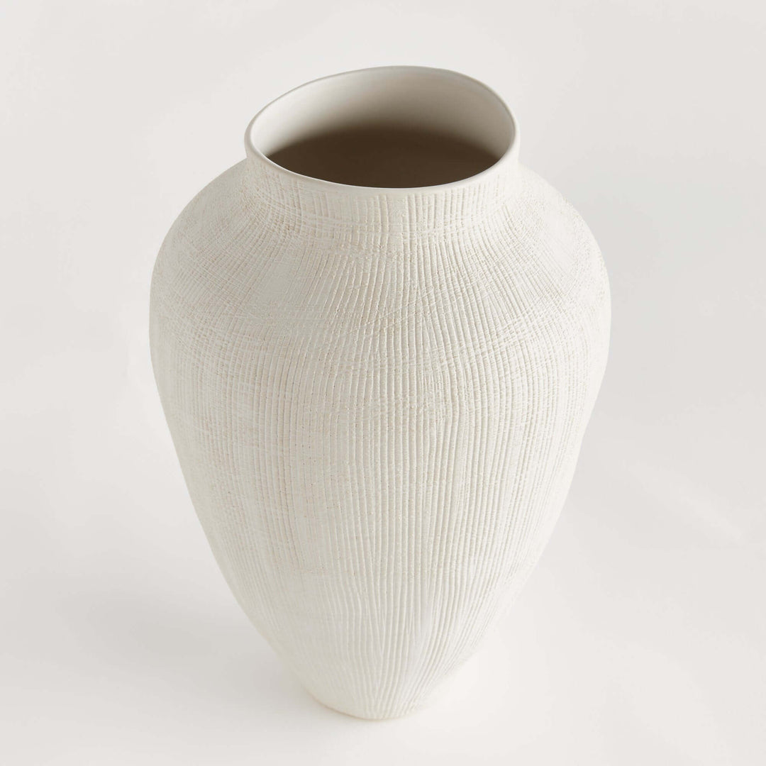 Textured white ceramic vase by Barclay Butera, featuring a matte finish and cross-hatched design, showcasing modern minimalism.