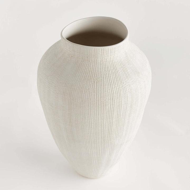 Textured white ceramic vase by Barclay Butera, featuring a matte finish and cross-hatched design, showcasing modern minimalism.