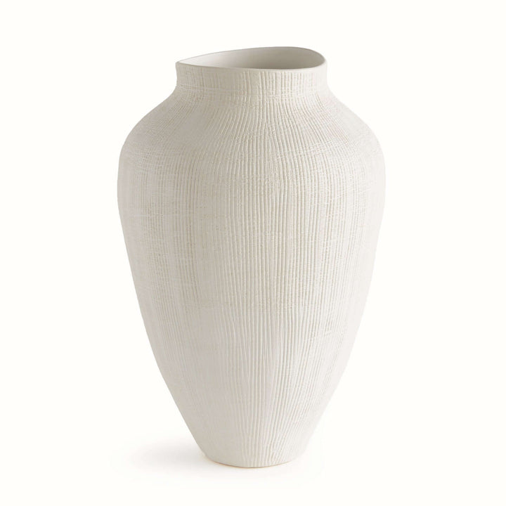 Textured white ceramic vase by Barclay Butera with a matte finish and cross-hatched pattern, showcasing modern minimalist design.