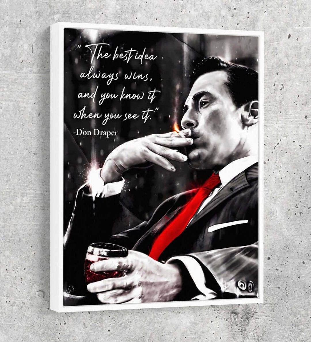 Don Draper “The Best Idea Always Wins” Canvas Wall Art featuring a black and white portrait with red accents, capturing 1960s ambition.