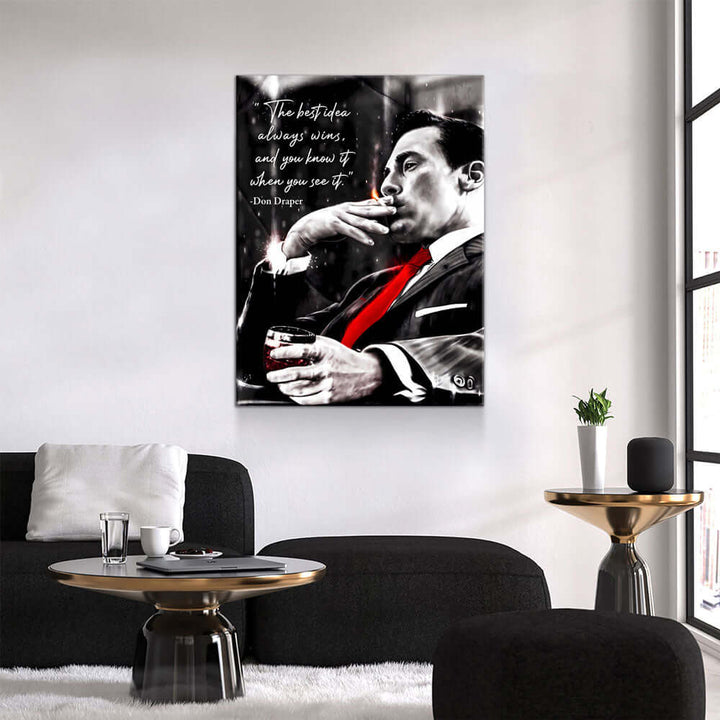 "Don Draper 'The Best Idea Always Wins' Canvas Wall Art" displayed in modern living room