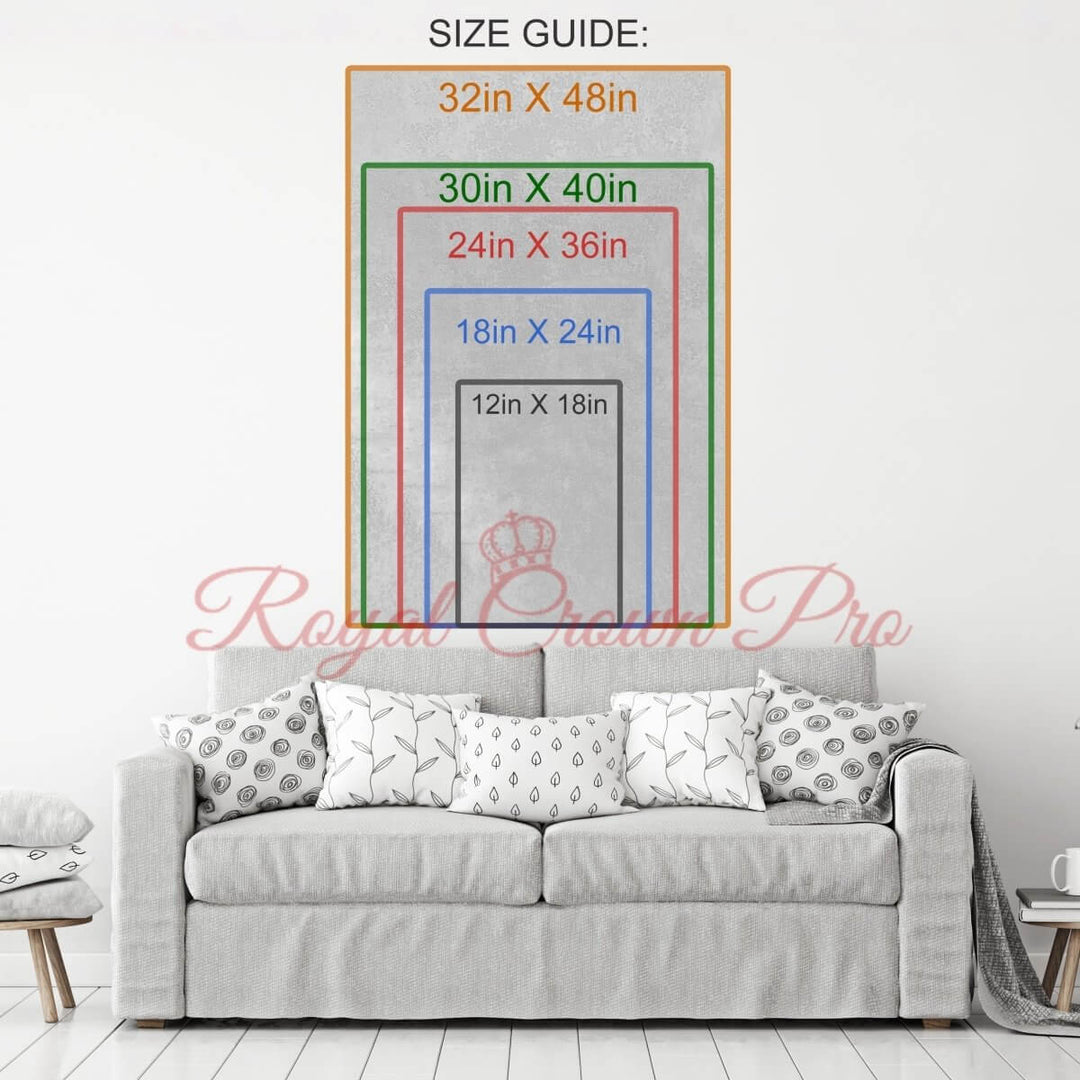 Canvas wall art size guide with different dimensions displayed above a grey sofa, showcasing room decor options.