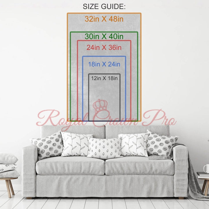 Canvas wall art size guide with different dimensions displayed above a grey sofa, showcasing room decor options.