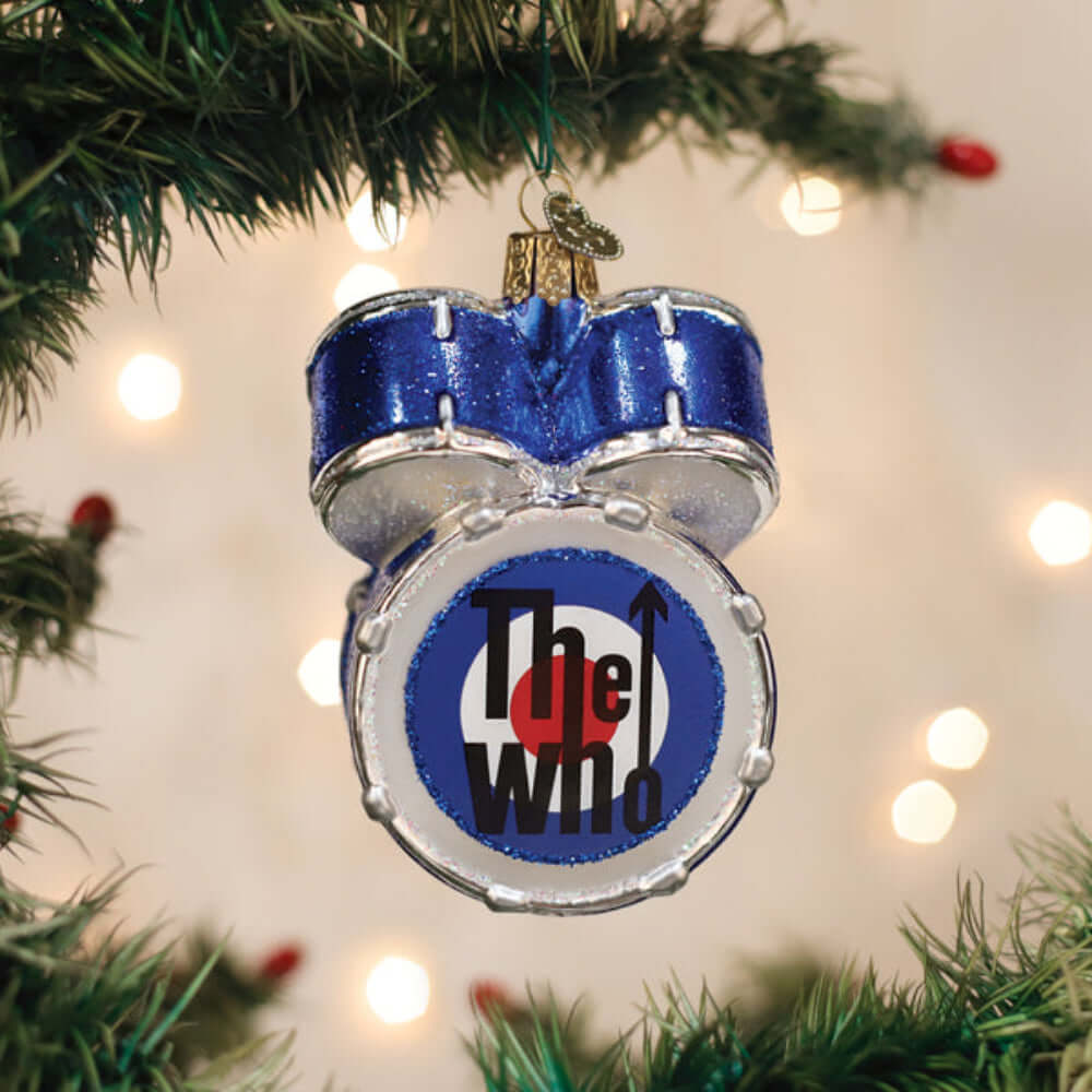 The Who Drum Kit Christmas Ornament on tree, featuring blue sparkle drum design with band logo, ideal for rock music fans.