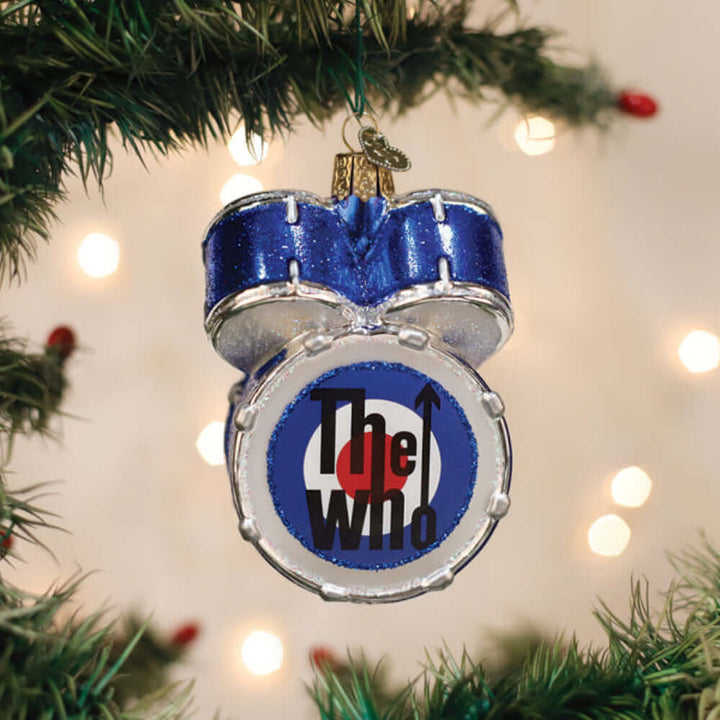 The Who Drum Kit Christmas Ornament on tree, featuring blue sparkle drum design with band logo, ideal for rock music fans.