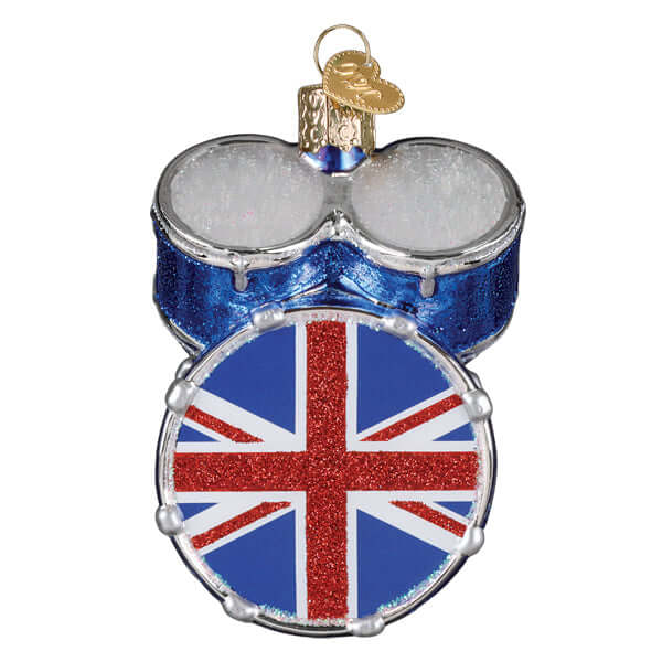 The Who Drum Kit Christmas Ornament with Union Jack design, blue sparkle, and silver highlights.