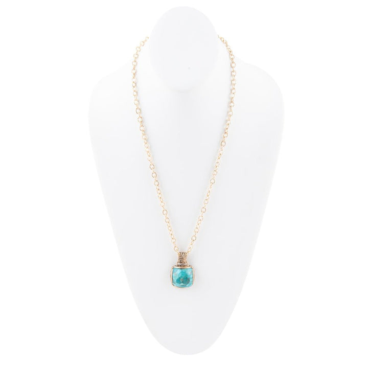 Carved Blue Turquoise Stone Golden Pendant Necklace