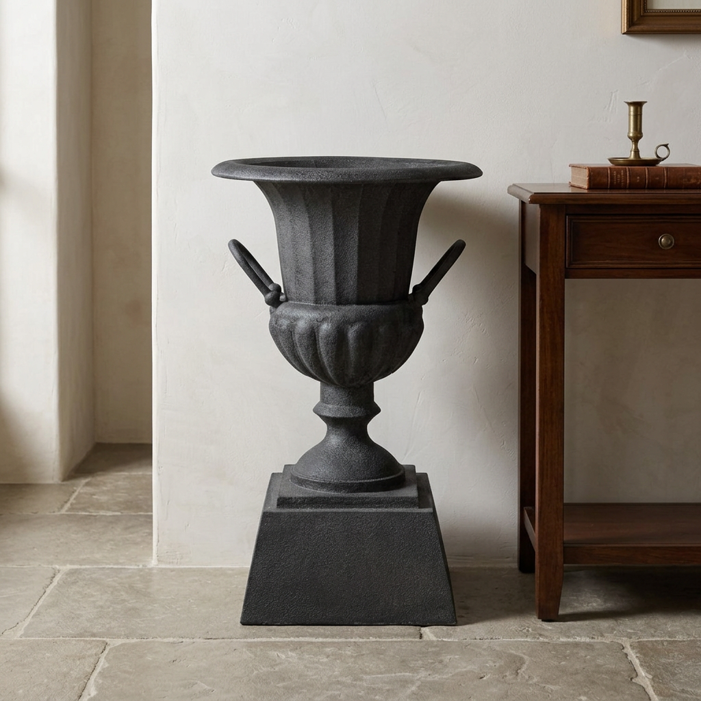 Westbury Iron Urn Planter with Pedestal in Black, shown empty beside a wooden entry console with its loop handles and fluted bowl visible.