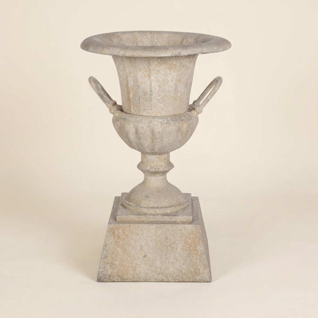 Westbury Iron Urn Planter with Pedestal in Weathered Stone, shown empty against an ivory studio background with loop handles and square base visible.