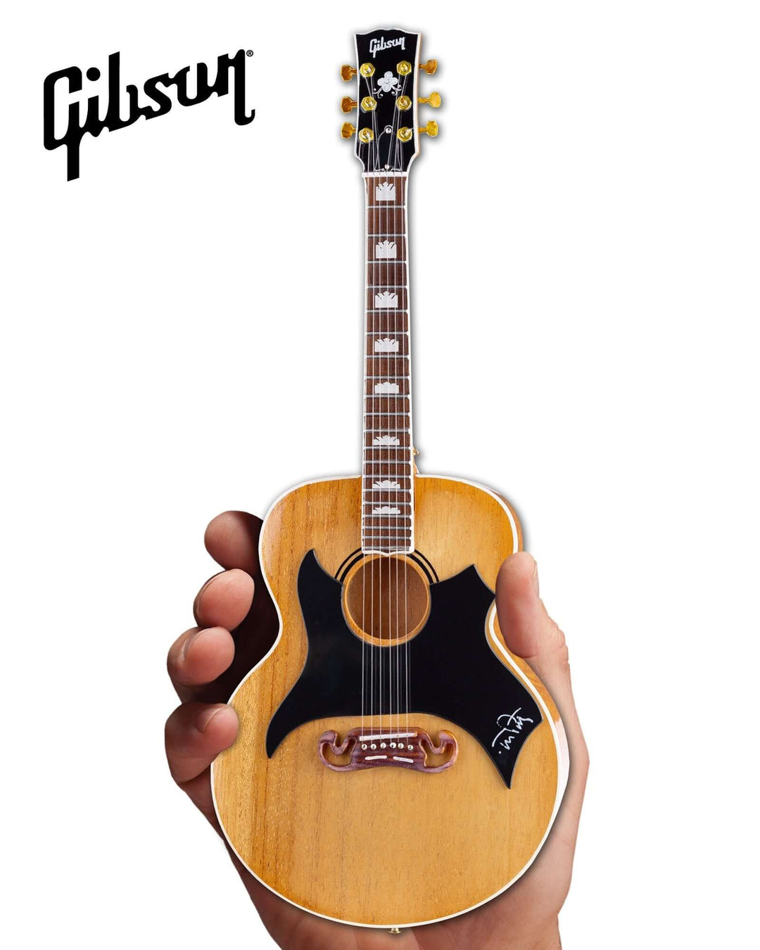 Tom Petty Gibson SJ-200 Wildflower Mini Guitar Replica held in hand with Gibson logo
