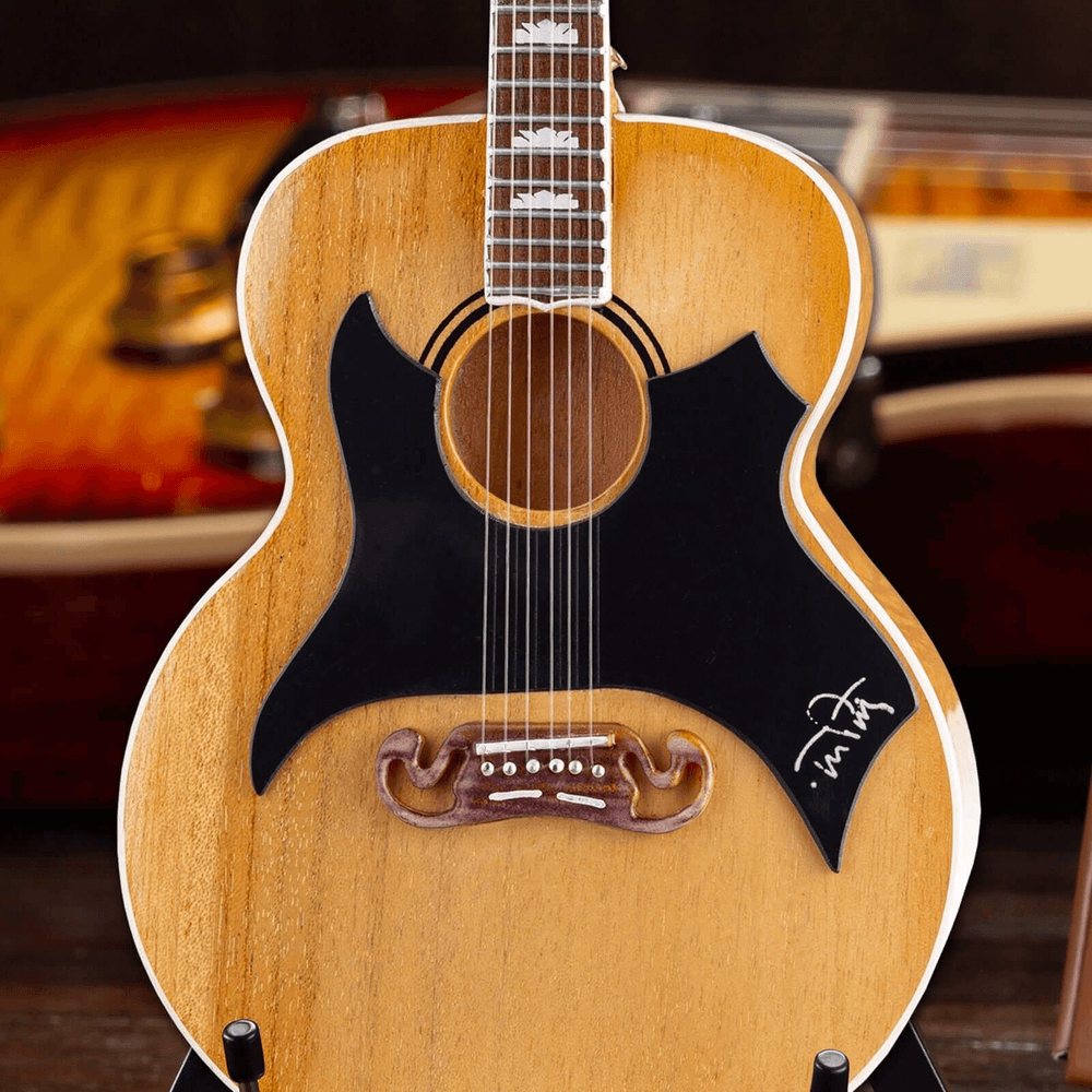 Tom Petty Gibson SJ-200 Wildflower Mini Guitar Replica with signature, showcasing elegant design and craftsmanship.