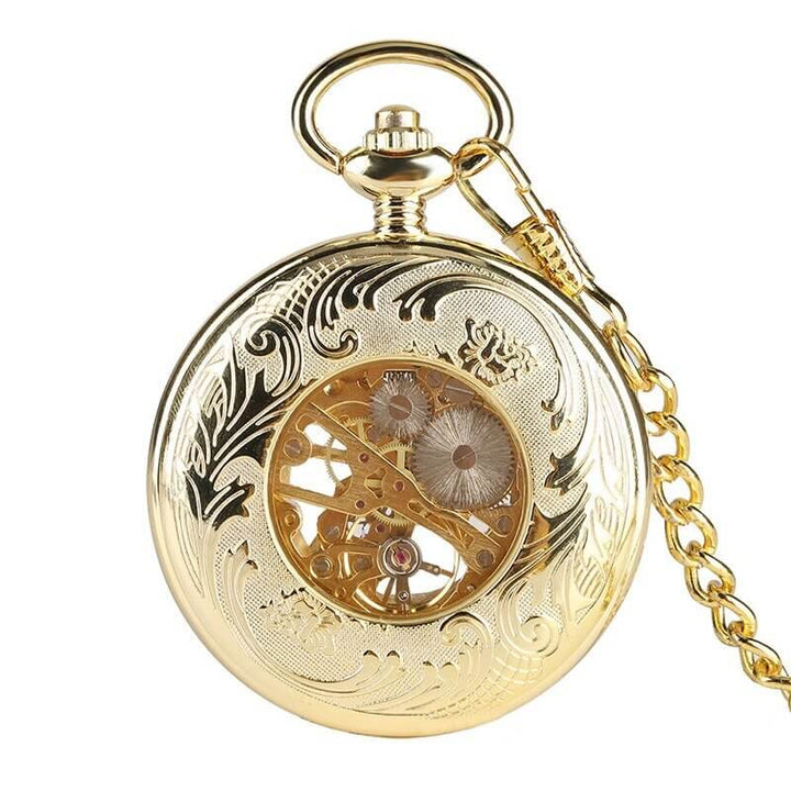 Elegant gold pocket watch with mechanical skeleton dial showcasing Vintage Silver and Gold Mechanical Pocket Watches craftsmanship.