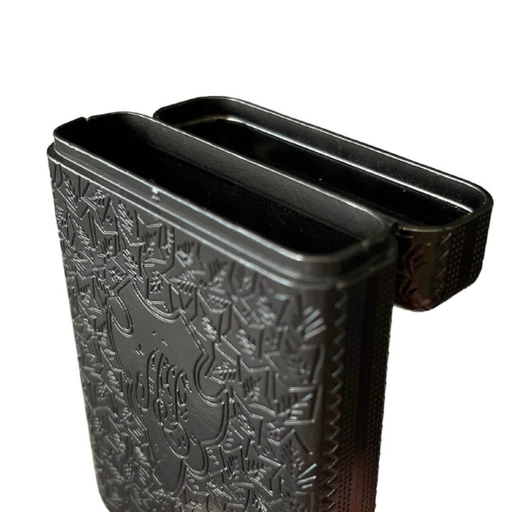 Vintage 1920s Cigarette Case with etched metal design and spring-loaded hinge.