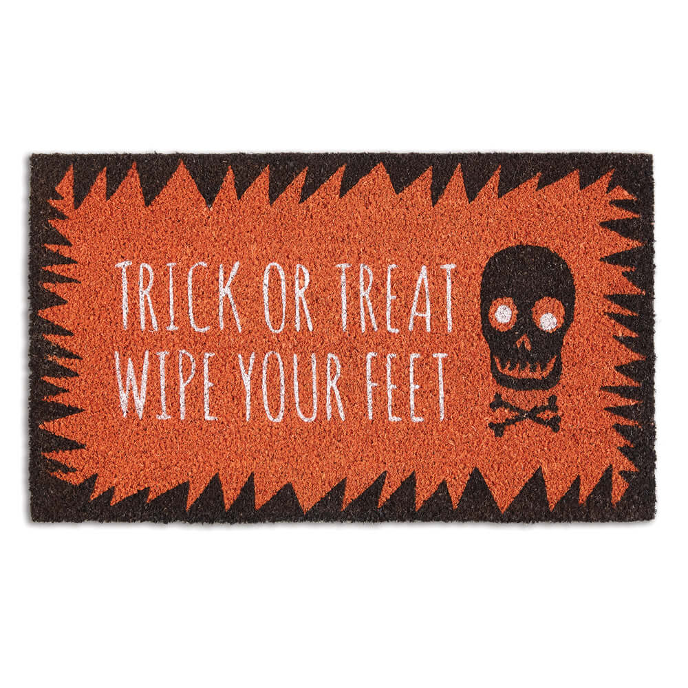 Trick-or-Treat Halloween doormat with skull design, featuring orange and black colors for festive home decor.