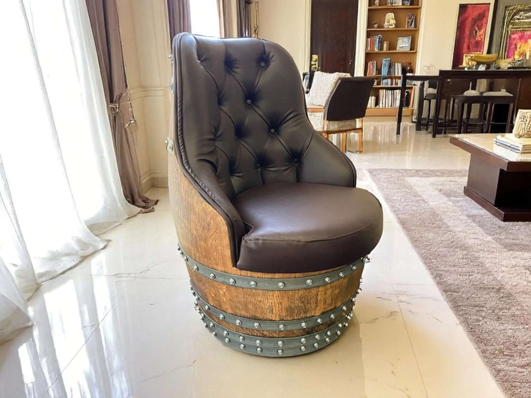 Tufted Vintage Barrel Chair in elegant living room setting with handcrafted design and luxurious upholstery.