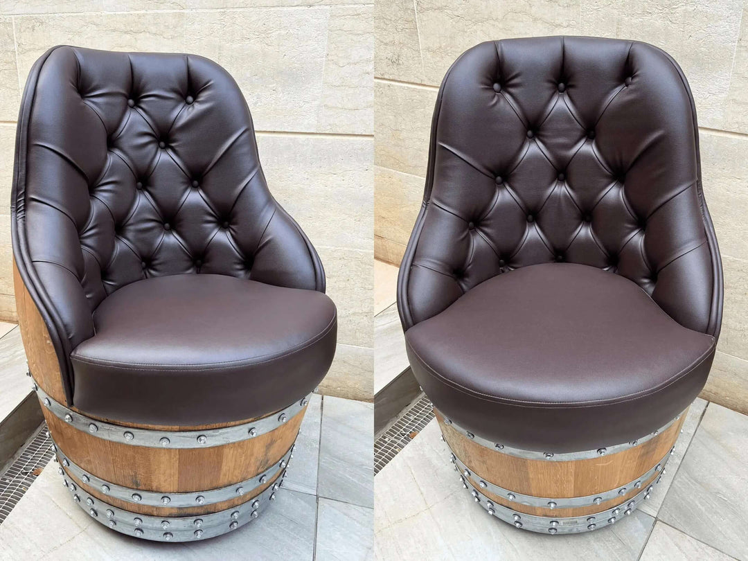 Tufted Vintage Barrel Chair with leather upholstery and reclaimed wood base, showcasing farmhouse elegance.