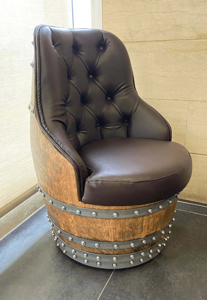 Tufted Vintage Barrel Chair with handcrafted design and luxurious upholstery, embodying farmhouse elegance and history.