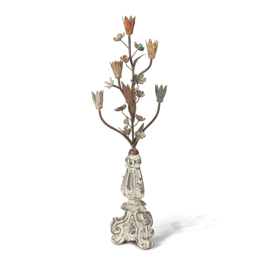 Tulip Bouquet Candelabra, alternate full view of its branching floral stems and weathered cream base