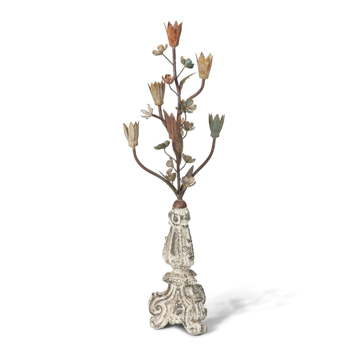 Tulip Bouquet Candelabra, alternate full view of its branching floral stems and weathered cream base