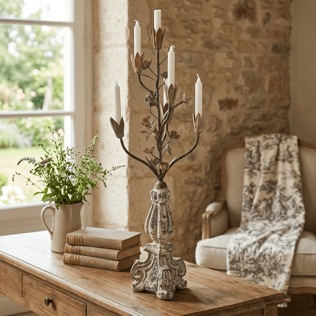 Tulip Bouquet Candelabra with taper candles styled on a wooden console table beside books in a French country room