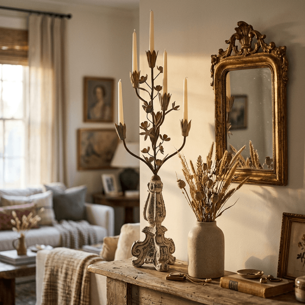 Tulip Bouquet Candelabra displayed on a rustic mantel beside a gilded mirror and a vase of dried grasses