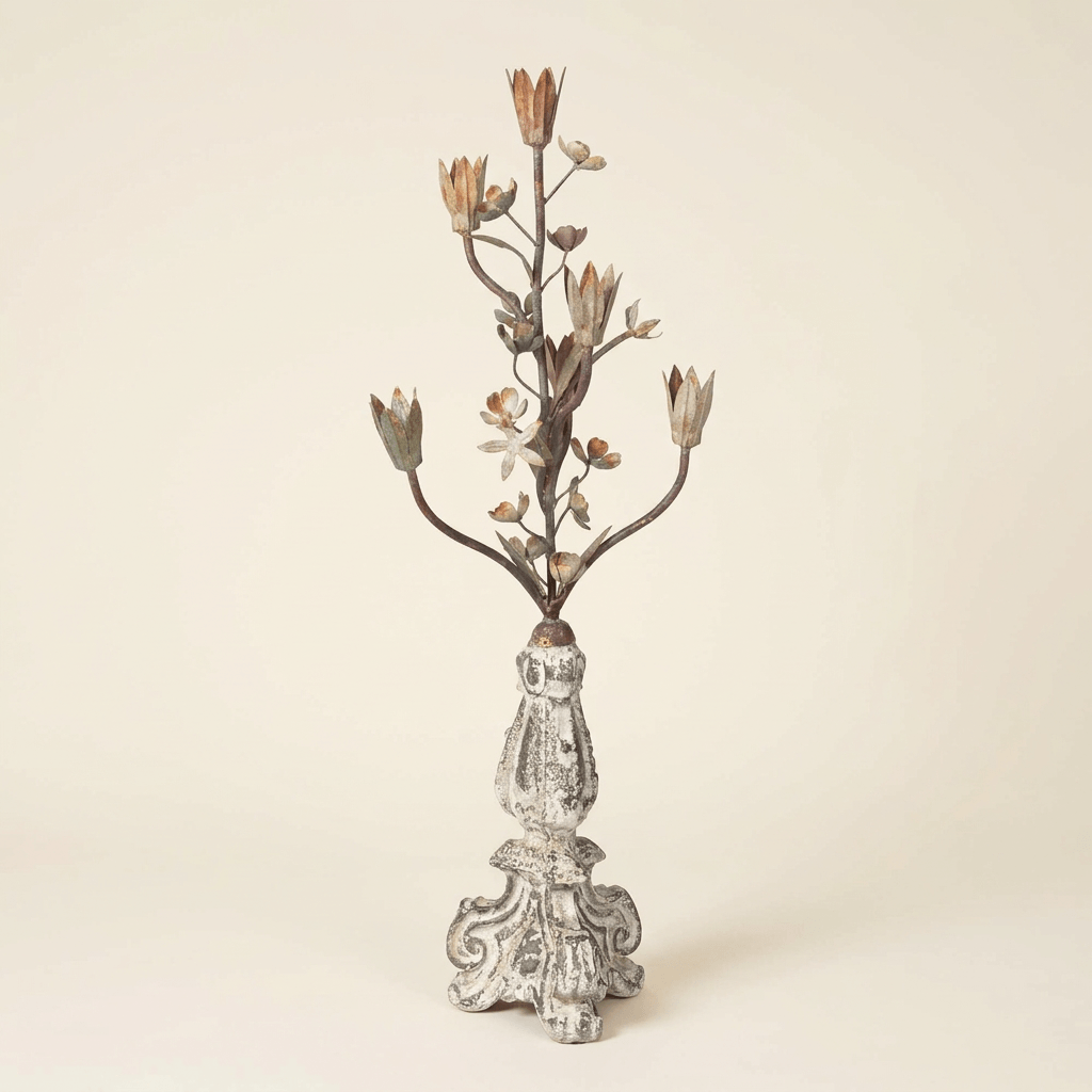 Tulip Bouquet Candelabra with branching floral stems and weathered cream scroll-footed base, full-length studio view on an ivory background