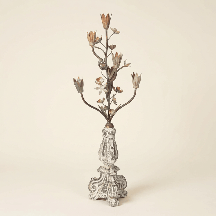 Tulip Bouquet Candelabra with branching floral stems and weathered cream scroll-footed base, full-length studio view on an ivory background