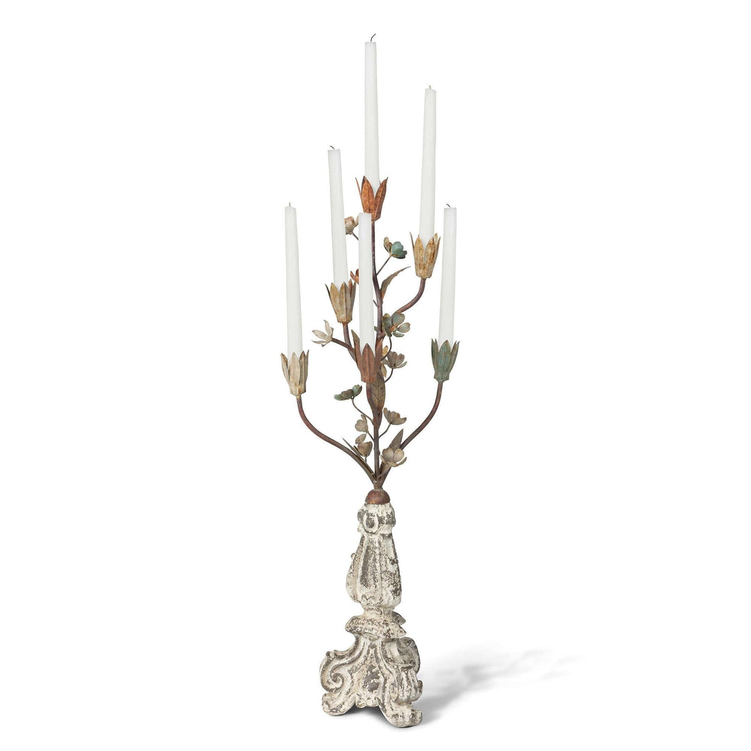Tulip Bouquet Candelabra styled with white taper candles in its tulip-shaped cups