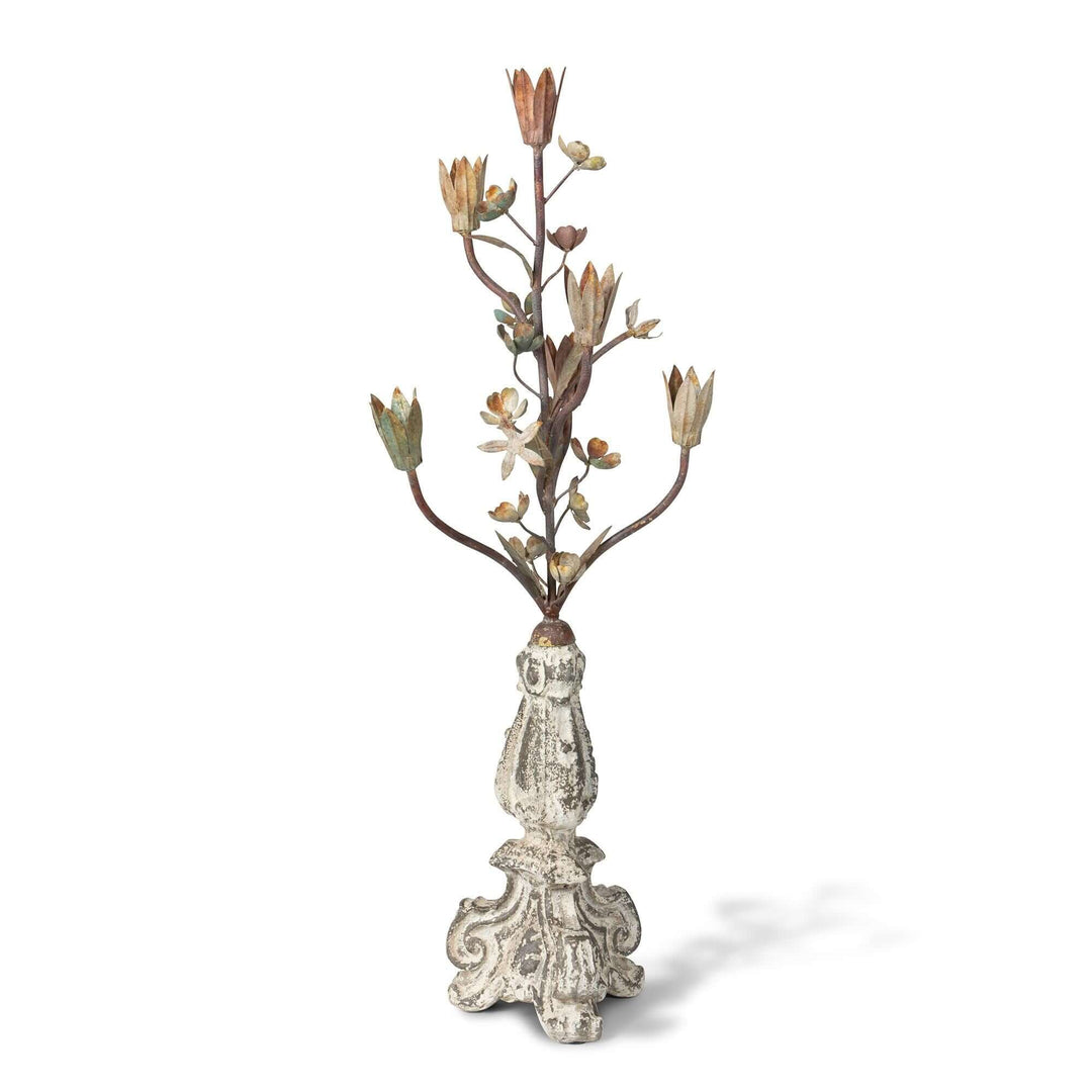 Tulip Bouquet Candelabra with branching floral stems and tulip-shaped cups on a weathered cream scroll-footed base