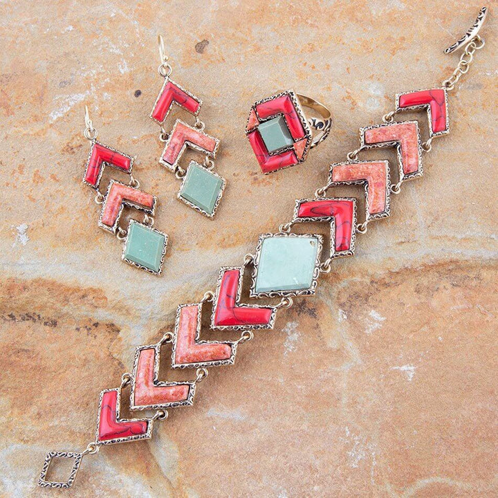 Green Turquoise and Coral Tapestry Golden Link Bracelet