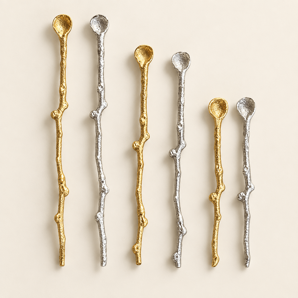 Gold and silver twig-handle decorative serving spoons arranged on an ivory studio background.