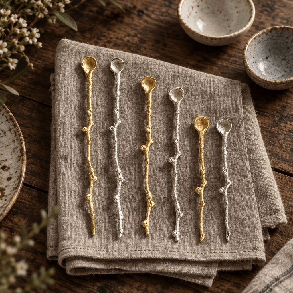 Twig-handle decorative serving spoons styled with natural linen and ceramic dishes on a wooden table.