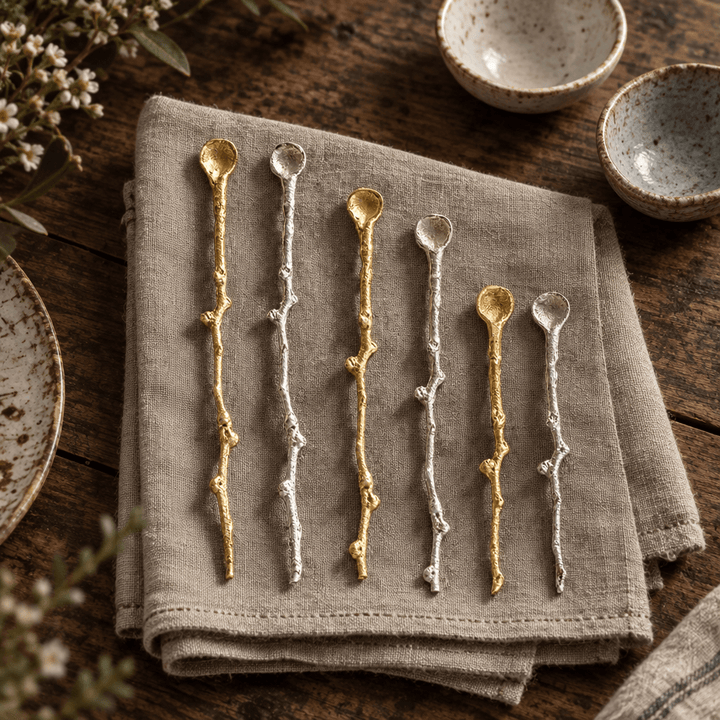 Twig-handle decorative serving spoons styled with natural linen and ceramic dishes on a wooden table.