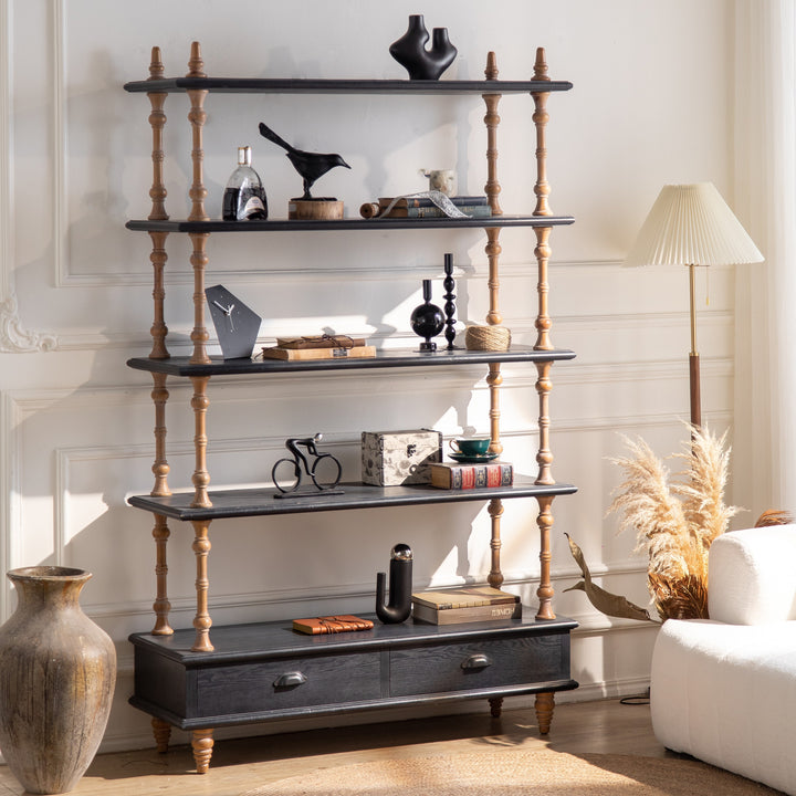 Two-Tone Wood Etagere Shelf with Drawers styled in a paneled living room