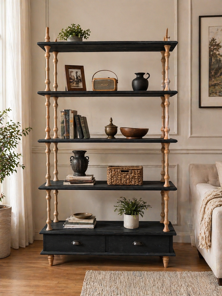 Front view of the Two-Tone Wood Etagere Shelf with open tiers and two drawers