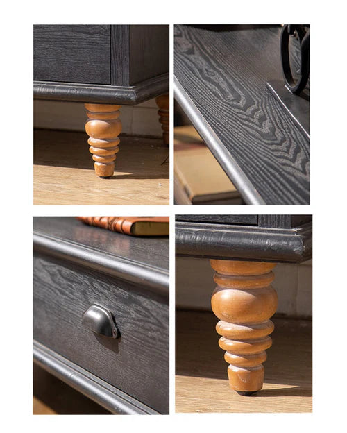 Detail collage of the wood grain, turned feet, shelf edge, and drawer hardware