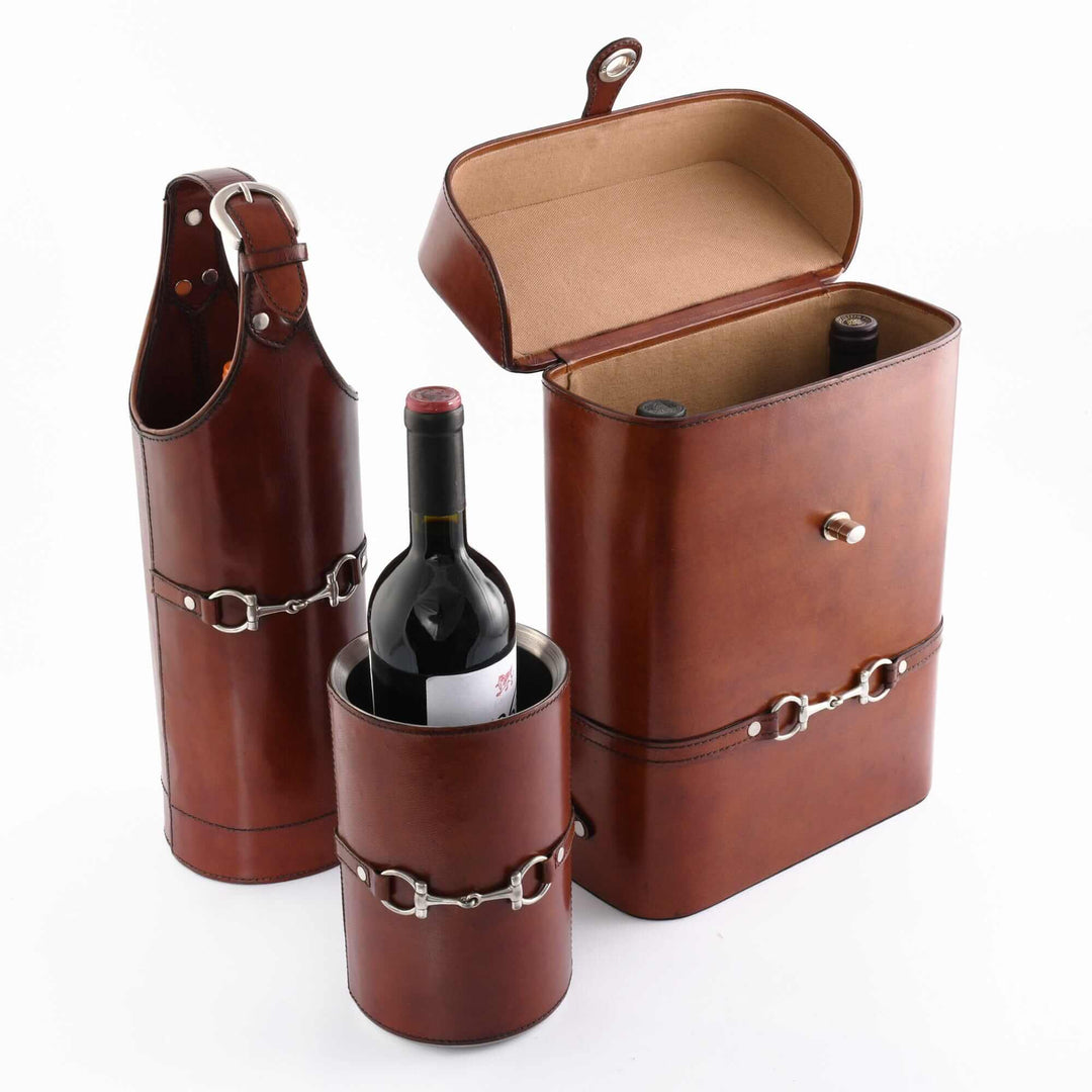 Premium Genuine Leather Double Wine Bottle Carrier / Tote with Bit Design