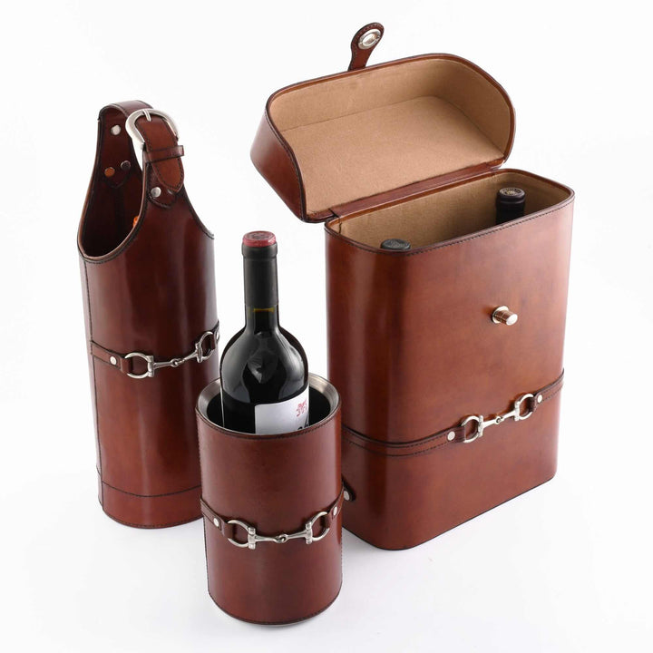 Premium Genuine Leather Double Wine Bottle Carrier / Tote with Bit Design