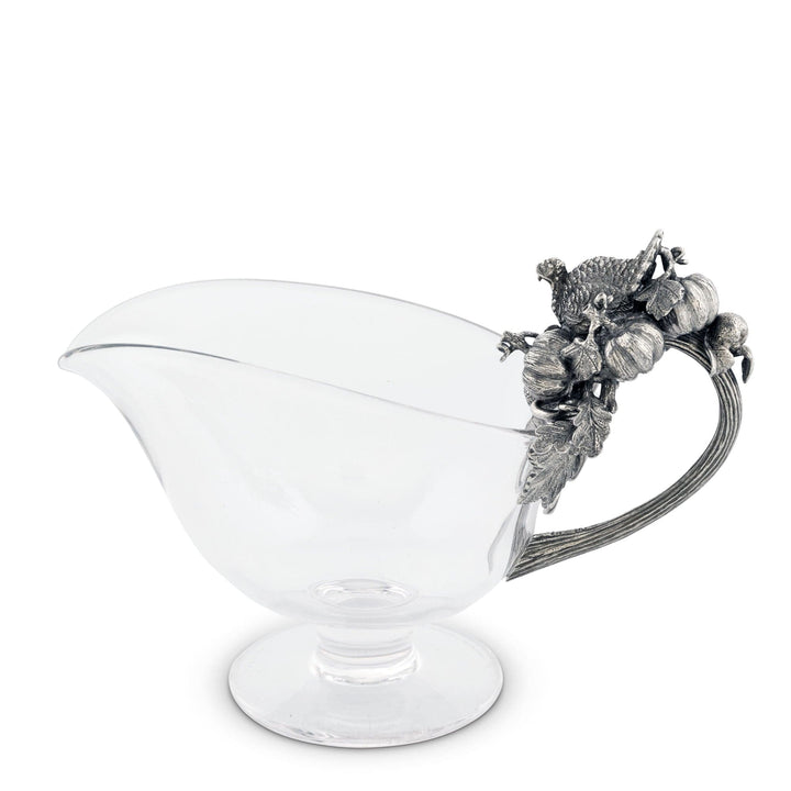 Hand Blown Glass Gravy Boat Pewter Harvest Turkey