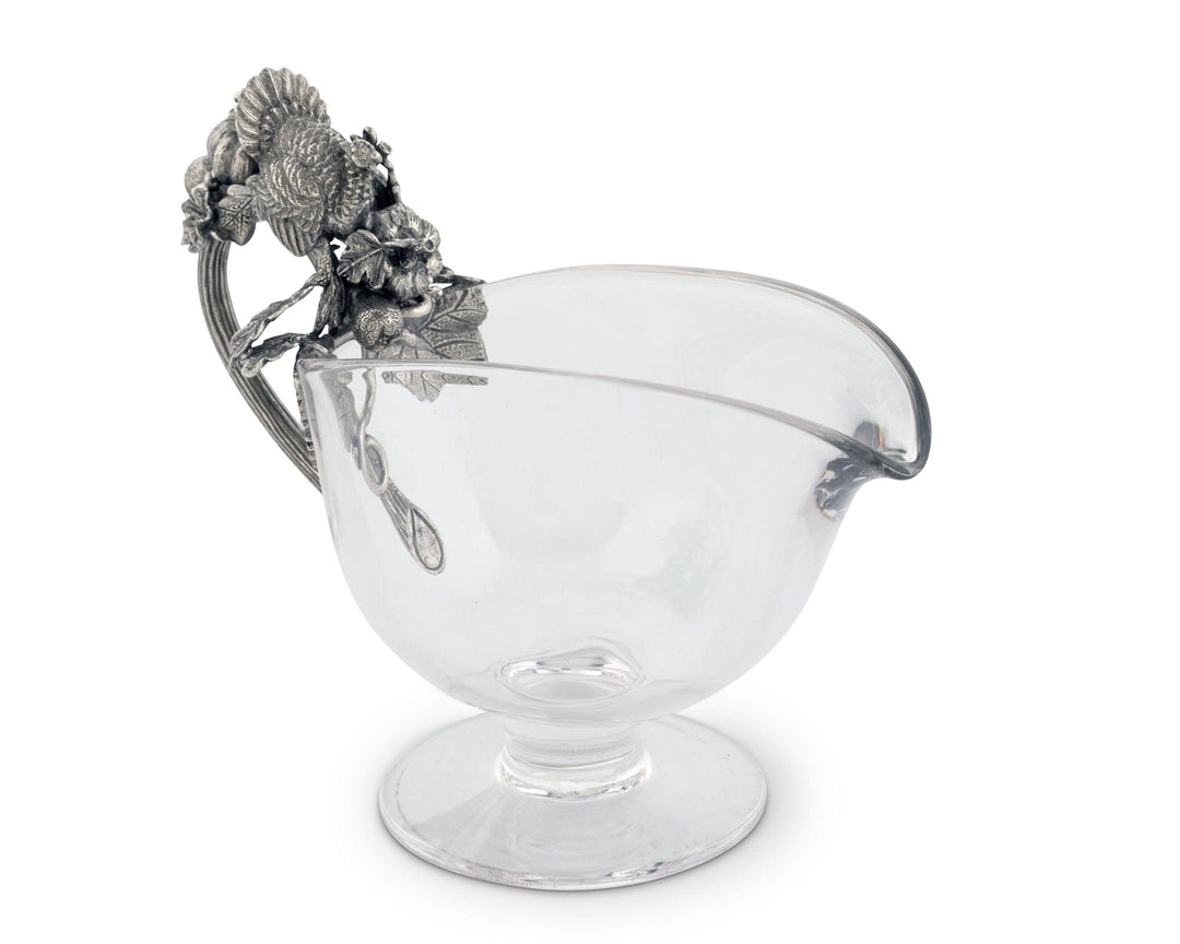 Hand Blown Glass Gravy Boat Pewter Harvest Turkey