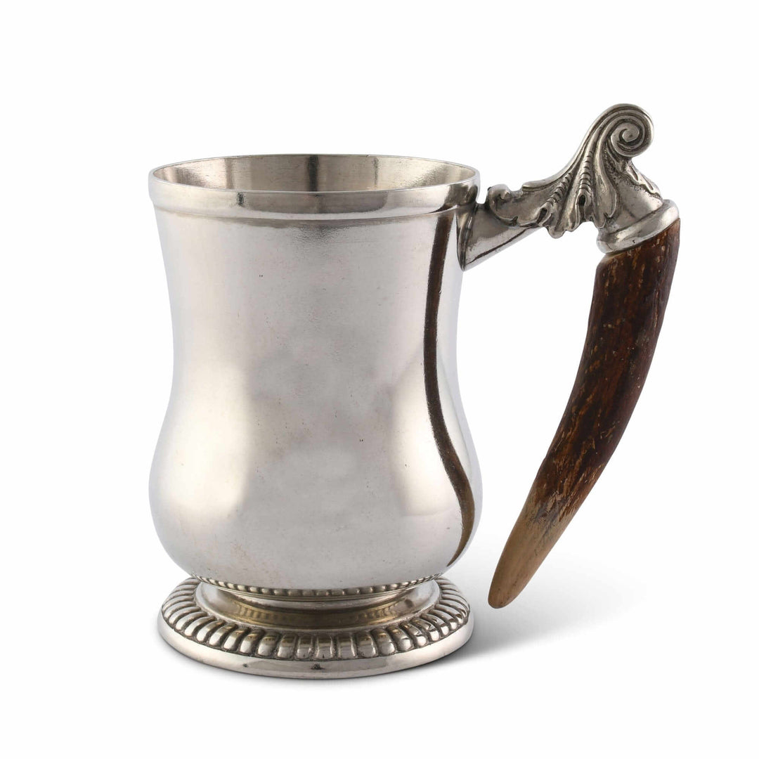 Silver mug with a wooden handle on a white background