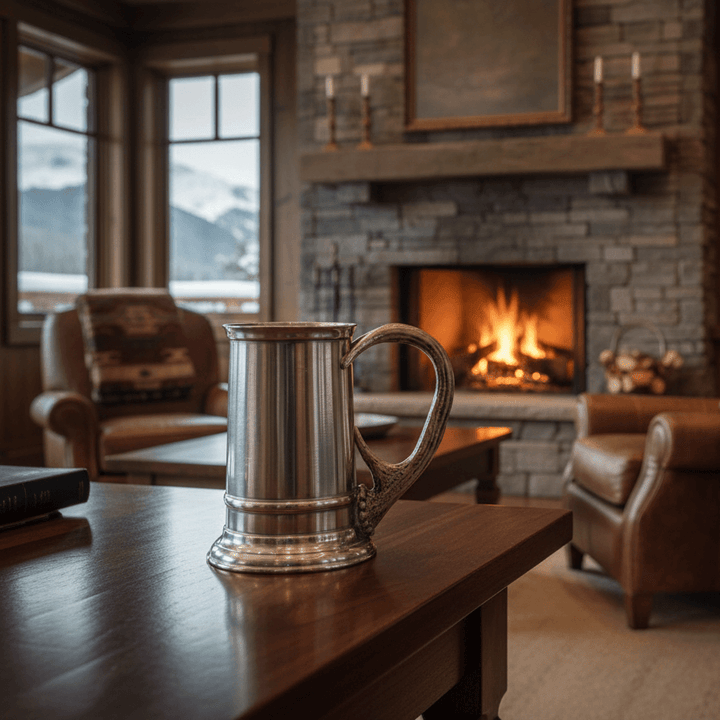 Pewter mug on a wooden table in a cozy living room with a fireplace.