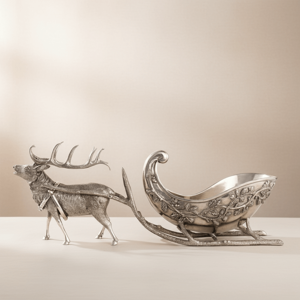 Decorative silver reindeer and sleigh on a beige background
