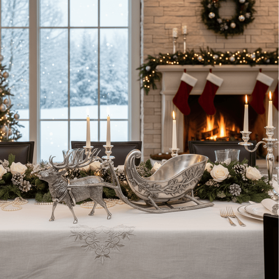 Decorative table setting with silver reindeer and sleigh, Christmas tree, and fireplace.