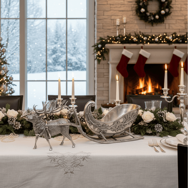 Decorative table setting with silver reindeer and sleigh, Christmas tree, and fireplace.