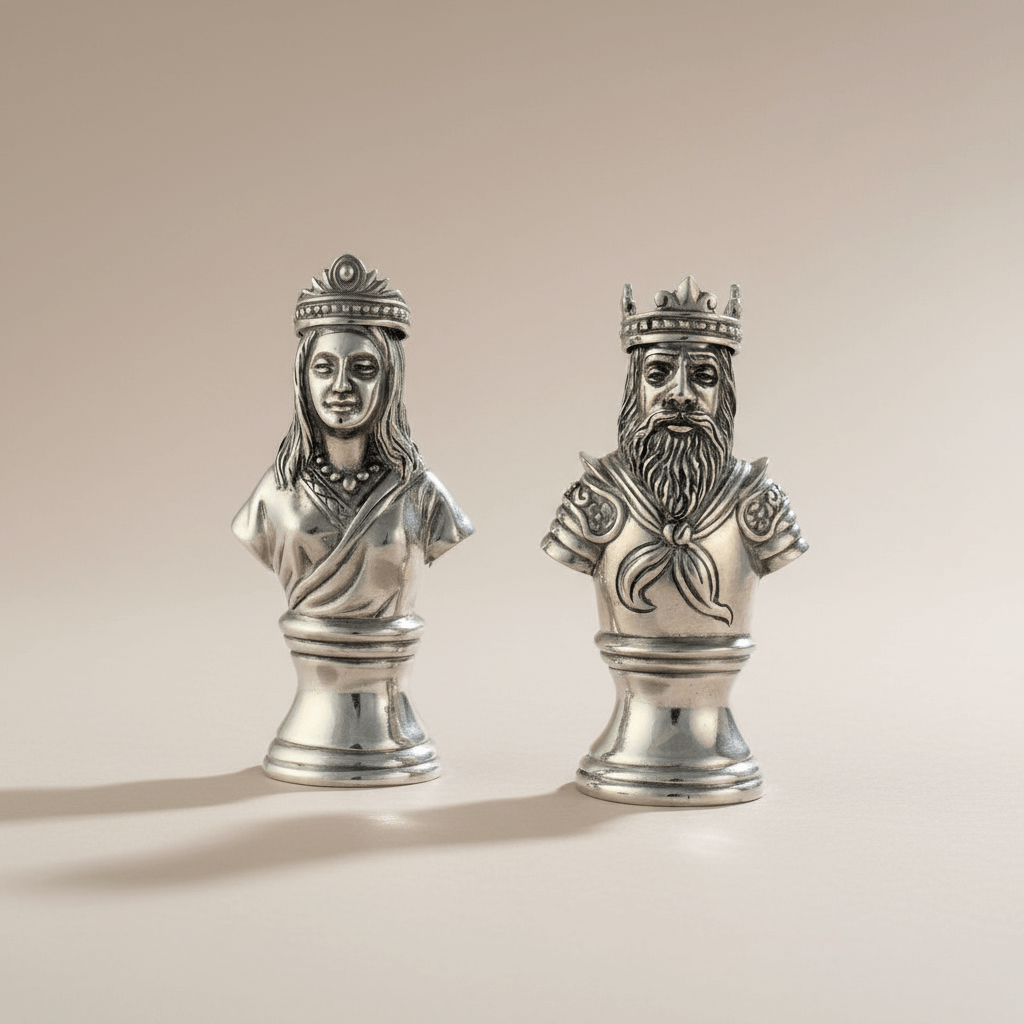 Silver busts of a king and queen on a beige background