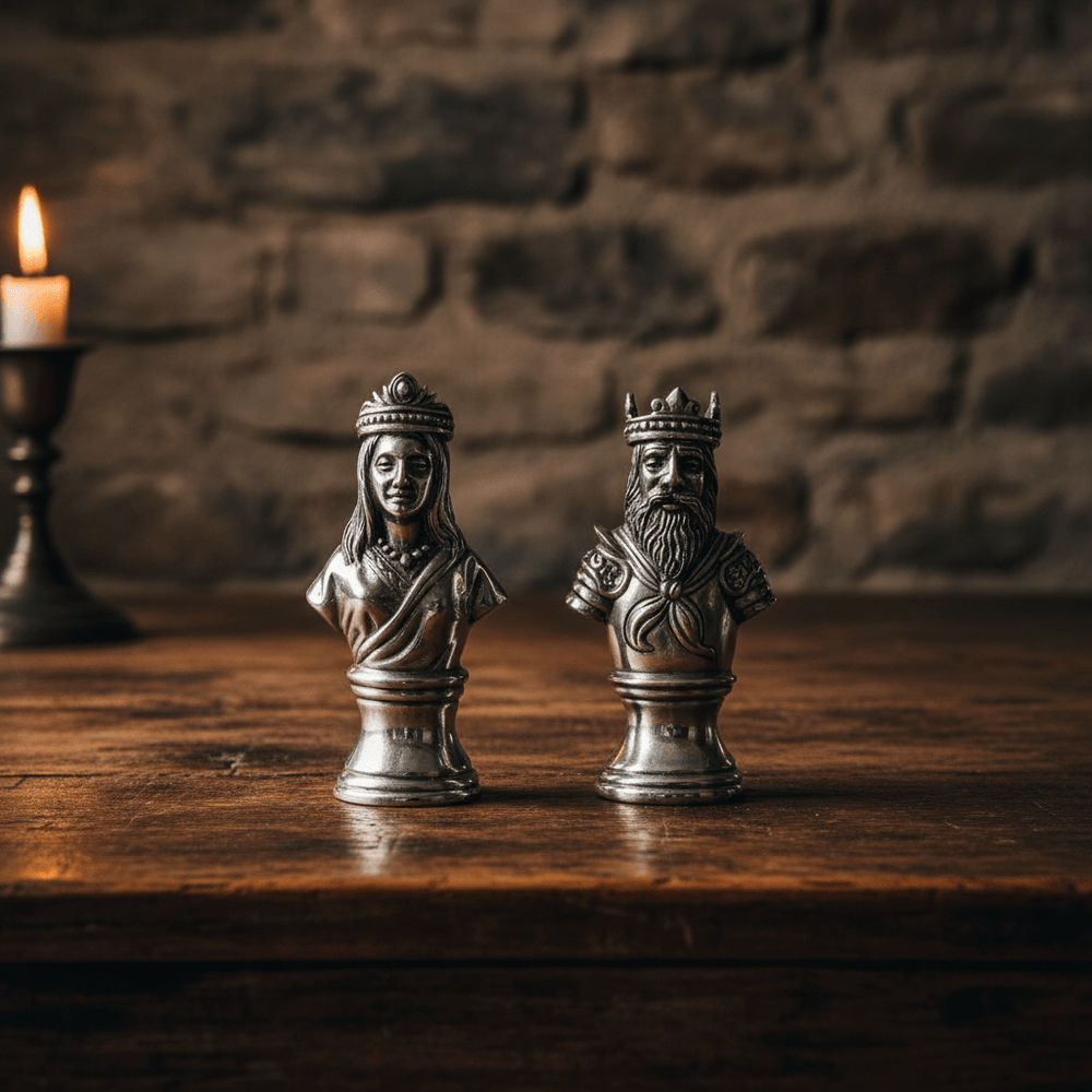Two metallic king and queen salt and pepper shakers on a wooden surface with a candle in the background.