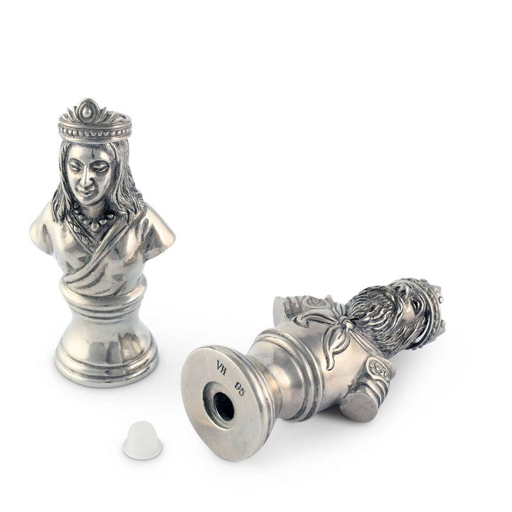 Silver king and queen shakers on a white background
