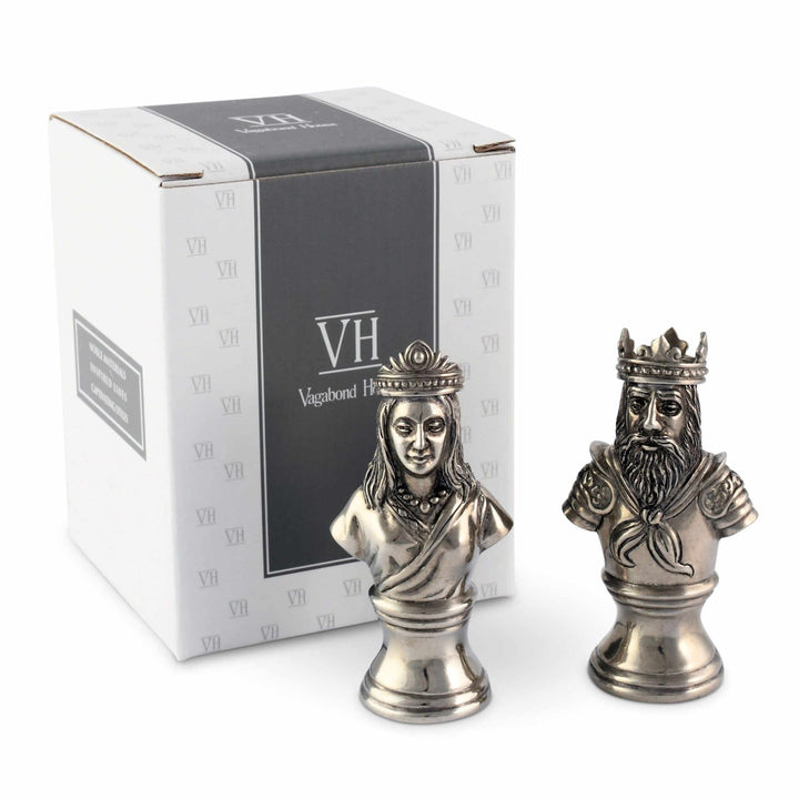 Silver king and queen shakers with a branded box on a white background
